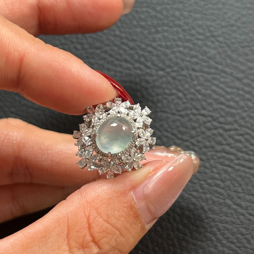 925银镶嵌 缅甸天然翡翠A货 冰种 戒指 尺寸8.5。7.2。4