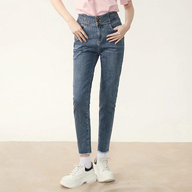 51AE0S0020高腰窄版长裤棉质磨毛裤子牛仔裤女2025春