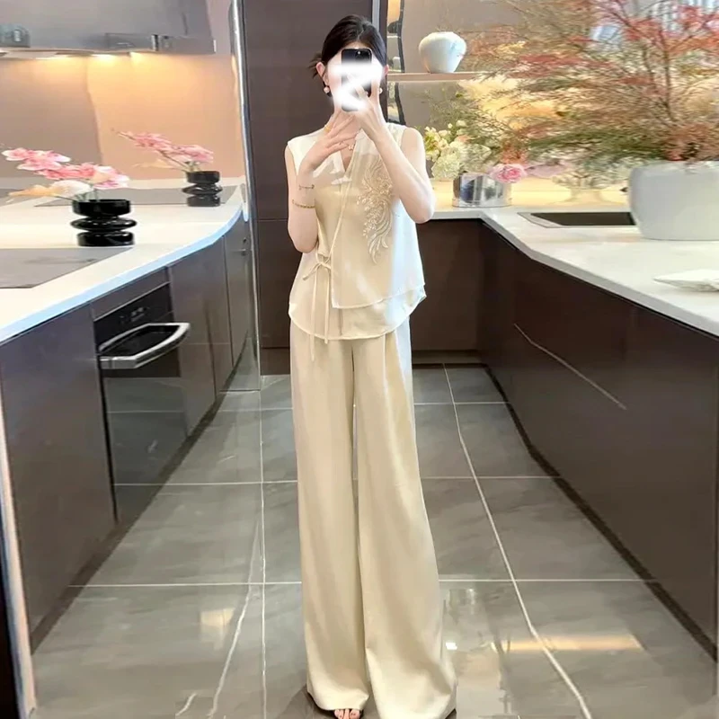 新中式国风套装女夏季禅意女装重工刺绣无袖衬衫高腰阔腿裤两件套