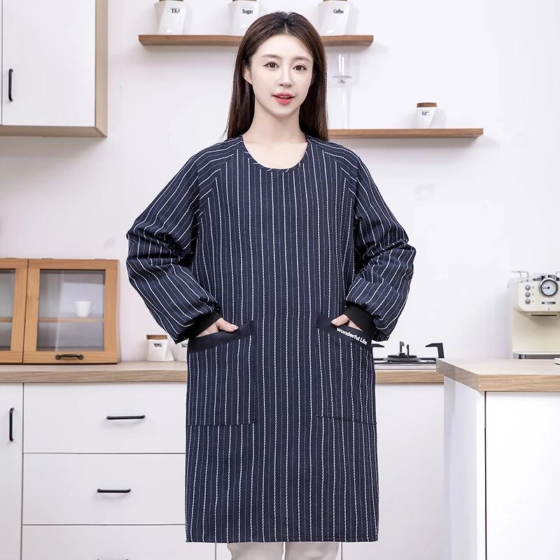 新款条纹长袖围裙简约棉布家用厨房防污透气耐磨做饭罩衣女工作服
