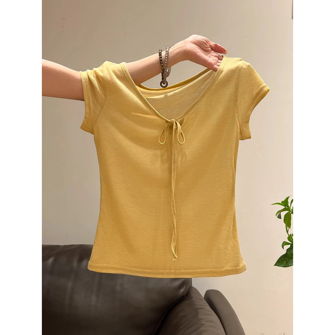 韩系温柔高级感u领系带短袖t恤女夏季小个子慵懒纯欲风绝美短上衣