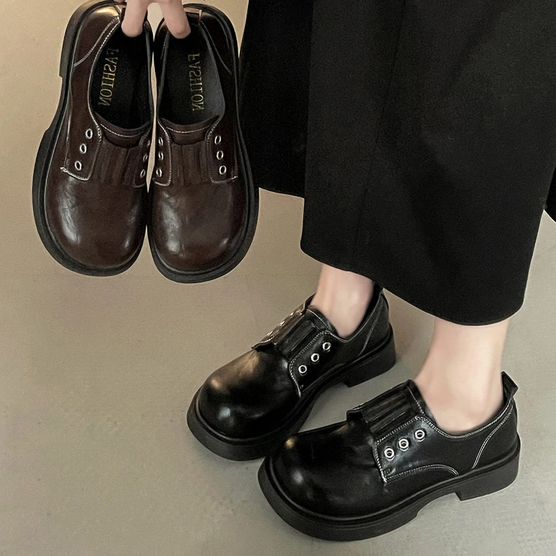 OJRZ英伦风厚底乐福鞋女2026新春季圆头深口一脚蹬小皮鞋休闲单鞋