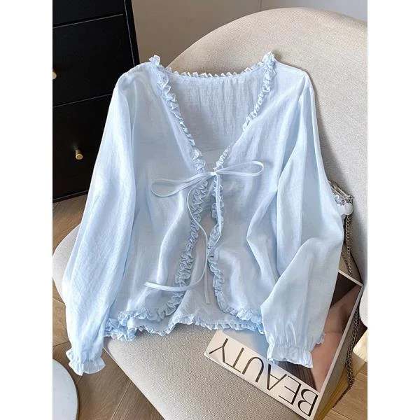 【嘉嘉专属6-8运补】2025夏季新款木耳边V领系带薄款开衫外搭5001#