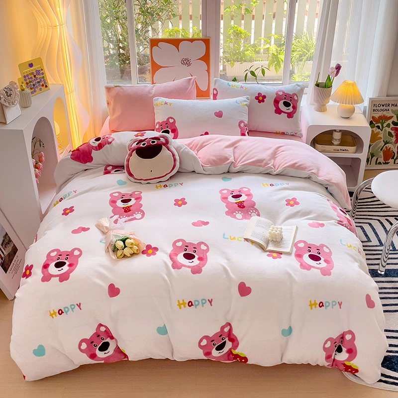 小清新系列加厚牛奶绒印花床单款床笠款保暖亲肤四套件