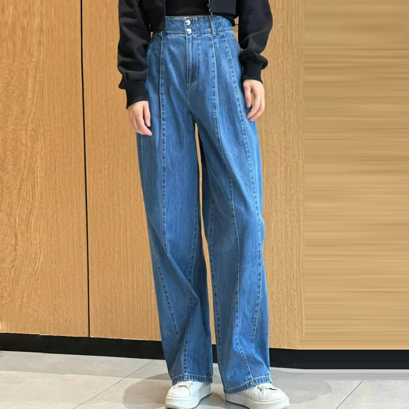 哥弟阿玛施正女装春秋新款高腰显瘦两粒扣直筒牛仔裤长裤5100505