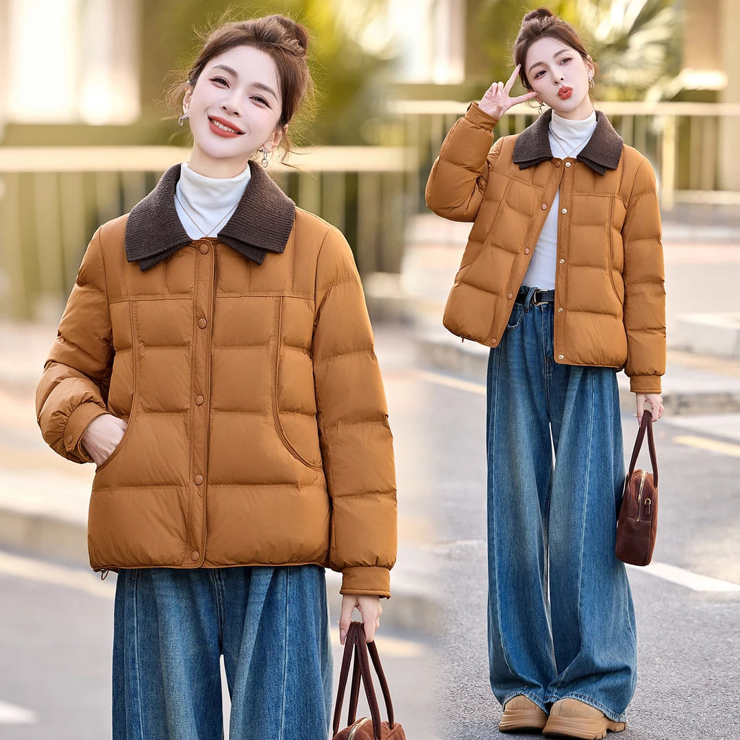 设计感针织拼接翻领羽绒服女2025冬季新款今年流行保暖白鸭绒外套