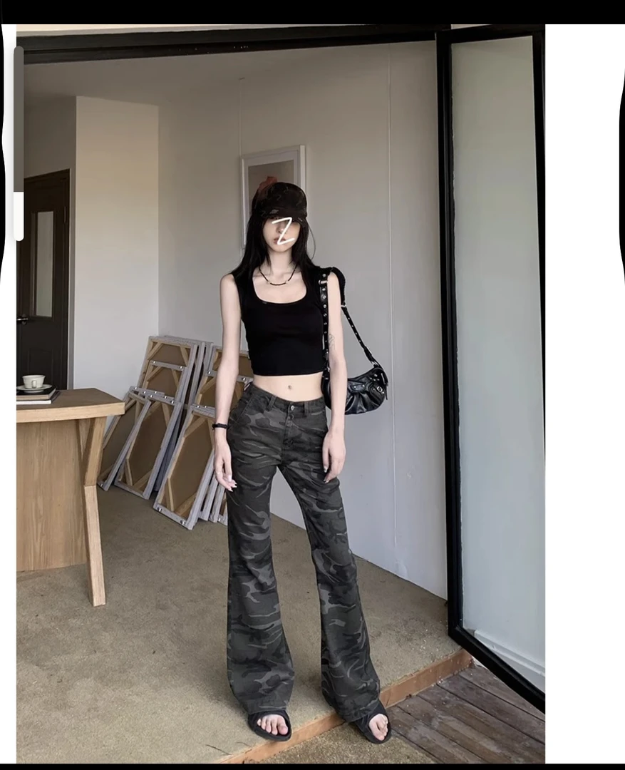 美式高街迷彩牛仔裤女秋季薄款高腰宽松微喇休闲裤子直筒阔腿长裤