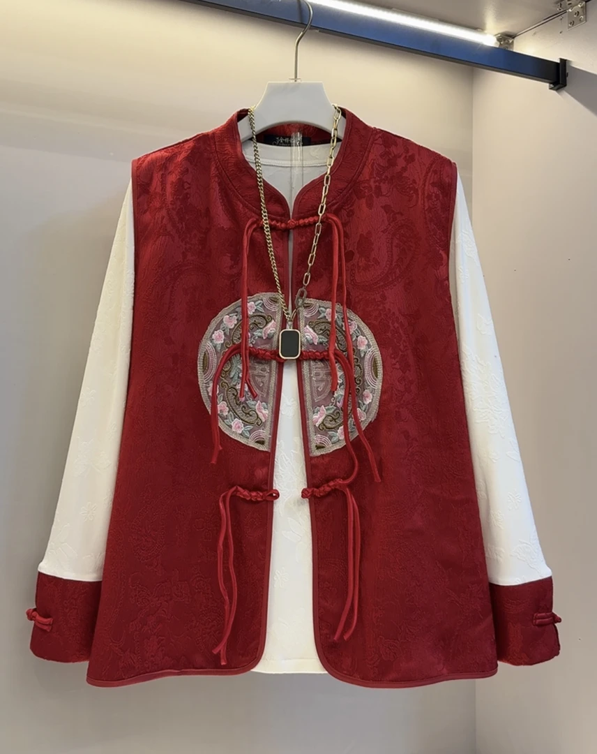 欧货大码新中式氛围感马甲打底衫两件套装(衣长69)