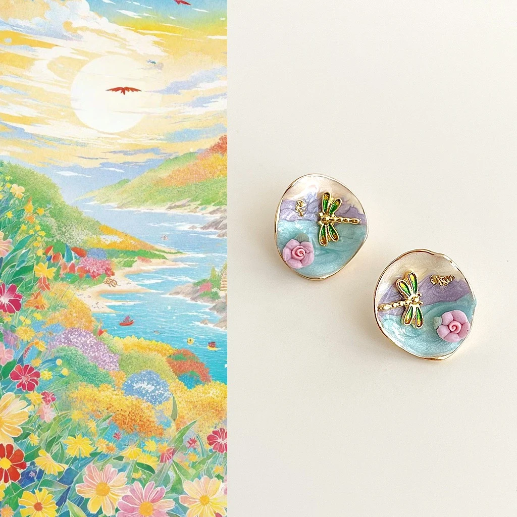 铜合金珐琅耳饰 【有点意饰】莫奈花园复古油画感耳钉文艺小众