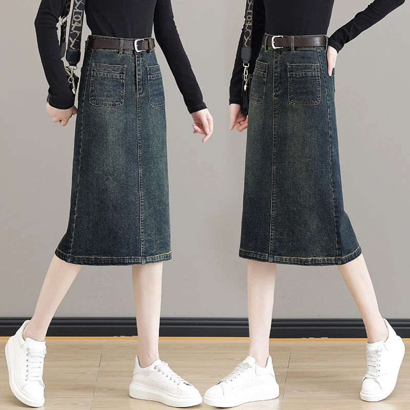 复古蓝后开叉中长款牛仔半身裙女2025新款直筒一步裙子a字牛仔裙