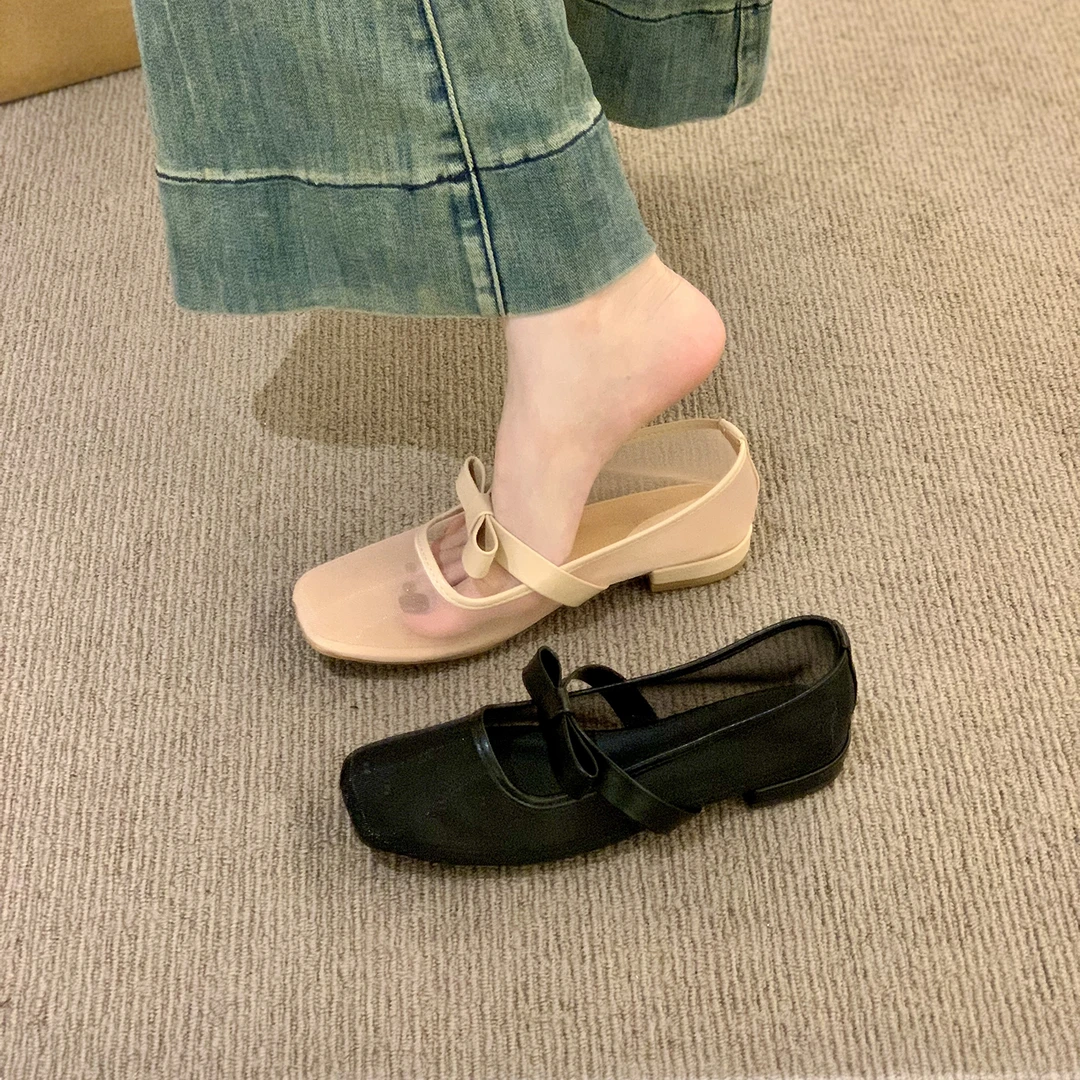 法式！2025年夏新款法式蝴蝶结网纱透气玛丽珍鞋方头浅口百搭舒适