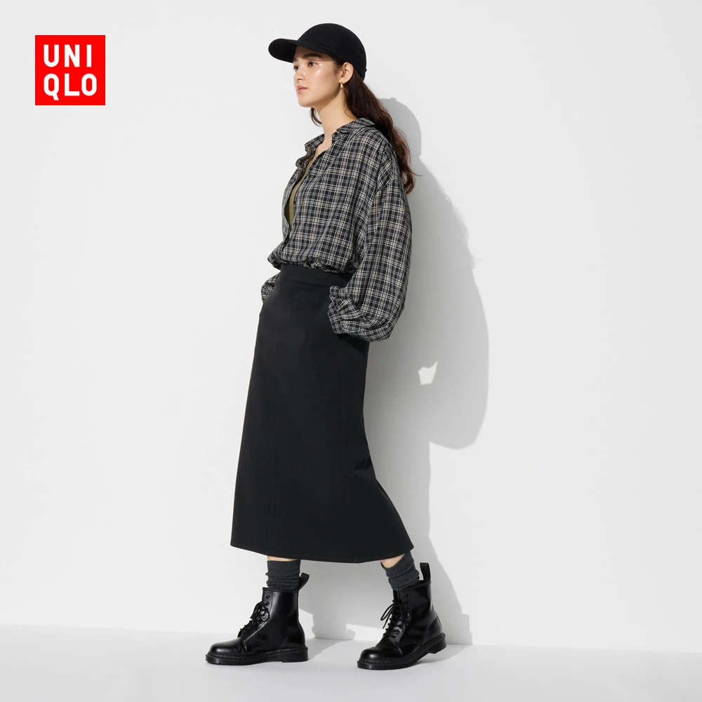 优衣库女装柔软棉混纺格纹抽褶衬衫长袖衬衣娃娃领空调衫469438