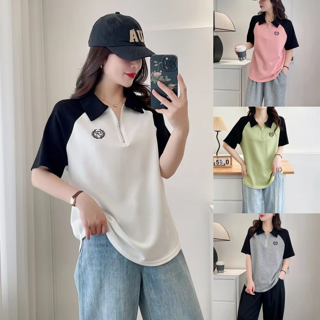 大码胖mm设计感拼色减龄刺绣短袖T恤女夏季新款洋气百搭上衣显瘦