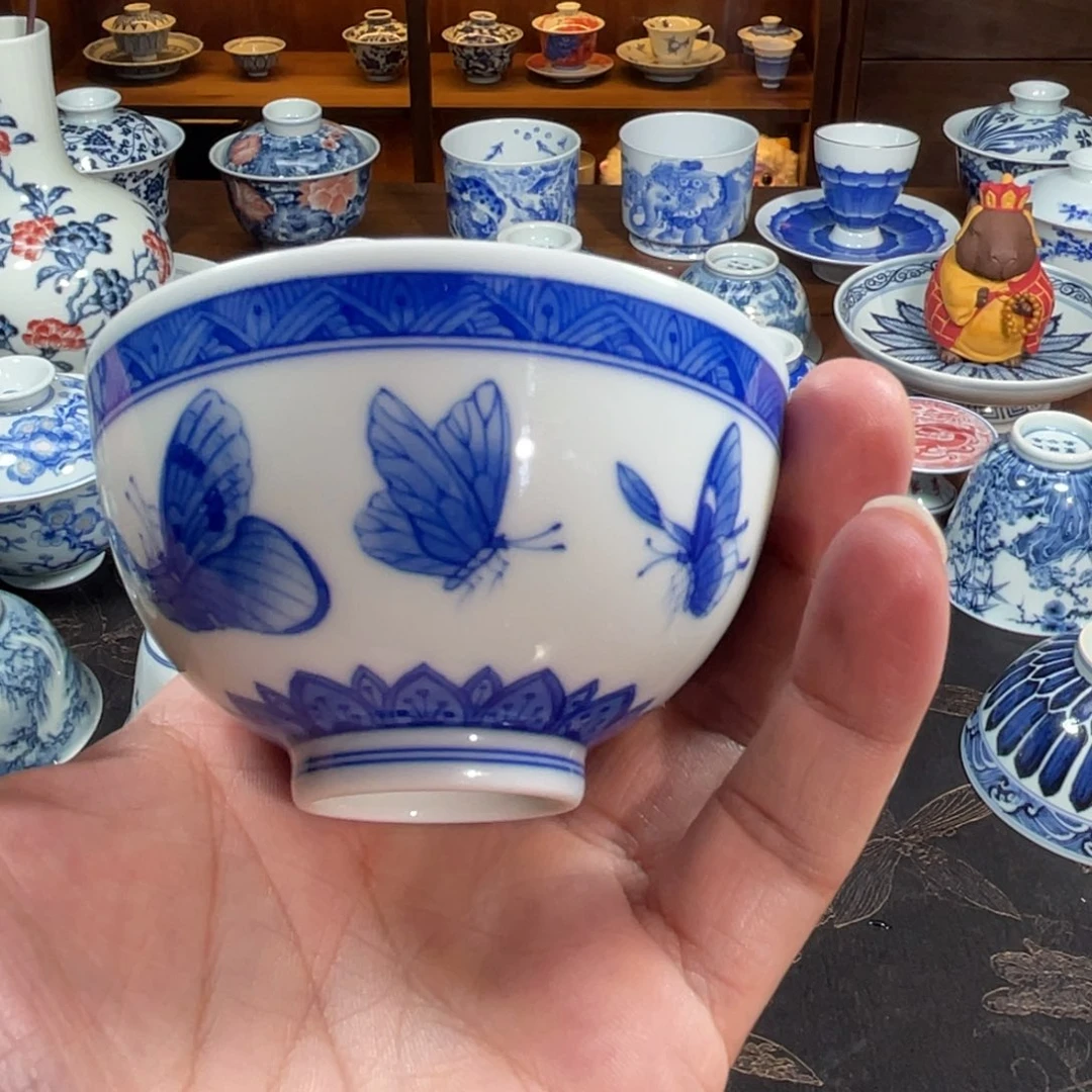竹林草堂 青花蝴蝶鸡心杯