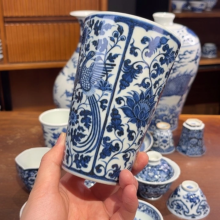 瓷片元青花花卉凤纹可乐杯