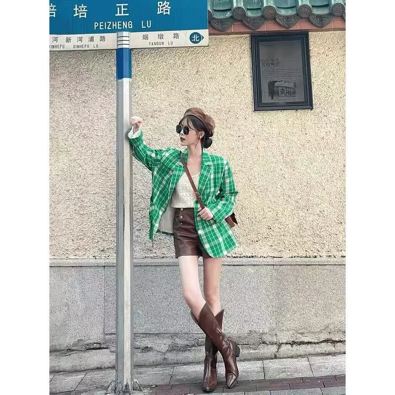【静姐宠粉】绿色格子西装外套女高级韩版小个子设计感休闲22810