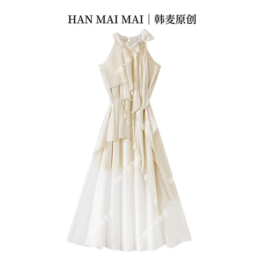 279/法式甜美温柔风不对称杏色无袖衬衫连衣裙