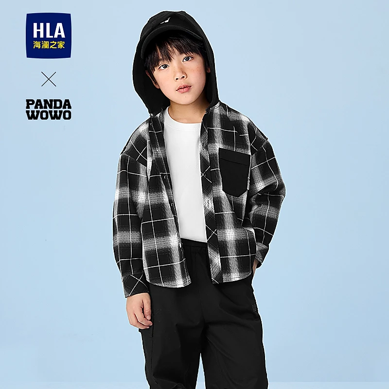 【纯棉格子】HLA海澜之家长袖衬衫男女童春秋25新连帽衬衣童装