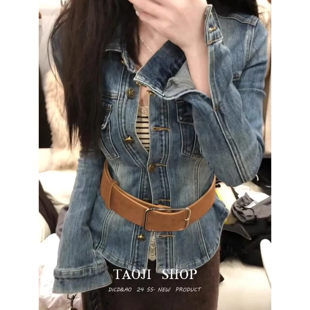 复古港风牛仔衬衫女士设计感小众2025早春季新款修身辣妹衬衣上衣