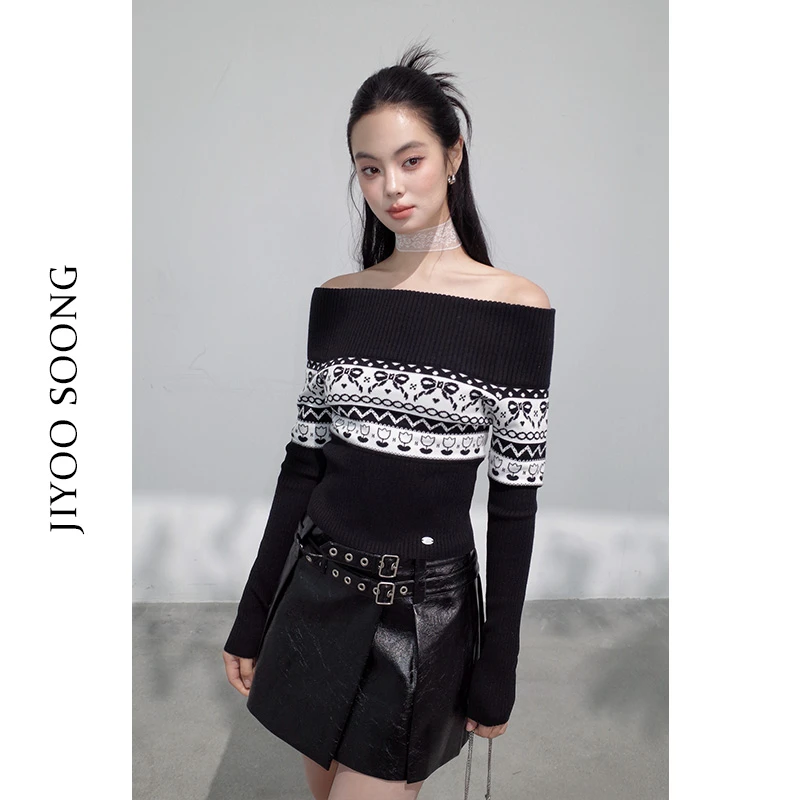 JIYOOSOONG | 小众贝壳标一字肩撞色提花针织毛衣上衣