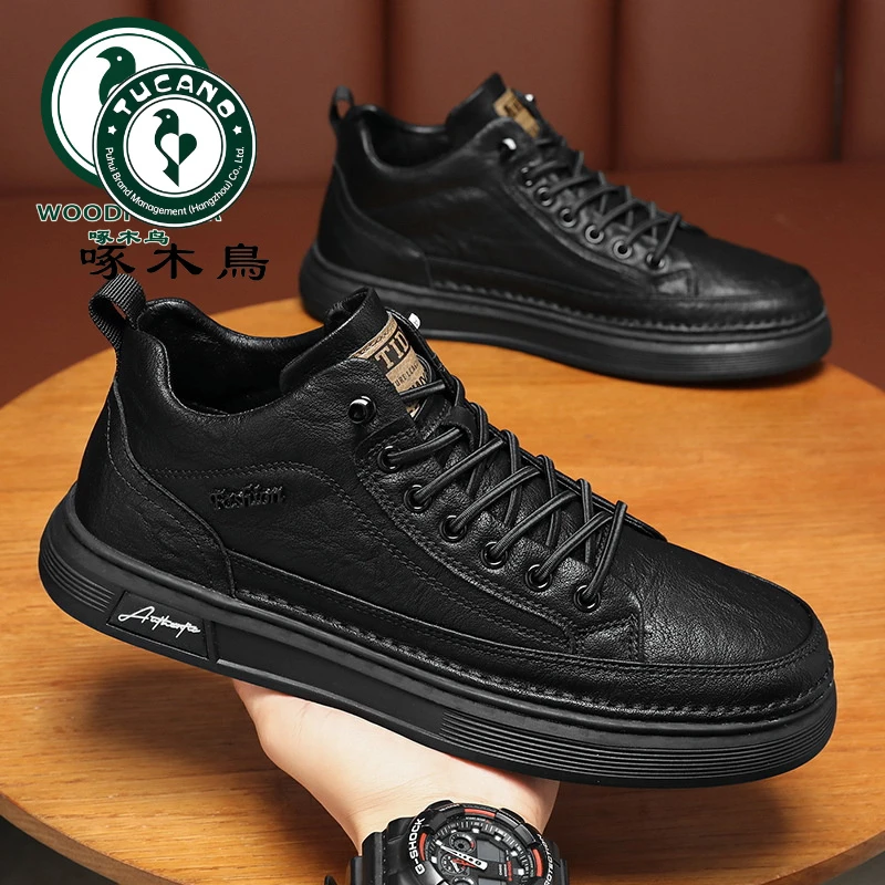 正品啄木鸟春秋新款男鞋休闲皮鞋高帮马丁靴板鞋男韩版百搭黑色鞋