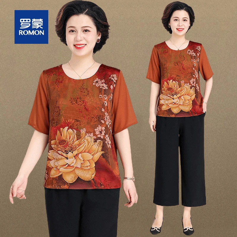 罗蒙50岁60胖妈妈夏装中式印花衫套装洋气中老年气质短袖雪纺衫女