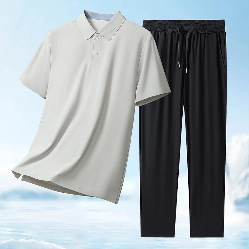 短袖T恤套装男士夏季翻领POLO衫薄款凉爽冰丝休闲长裤透气两件套