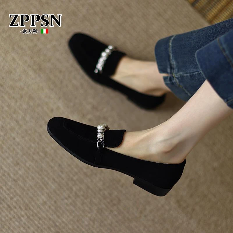 ZPPSN乐福鞋女平底珍珠百搭复古英伦风一脚蹬软皮单鞋绒面小皮鞋