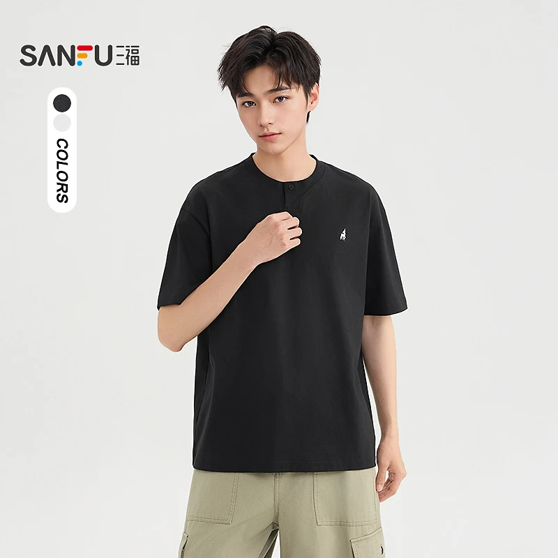 三福【百搭T恤】夏男女同款小图案重磅短t恤休闲圆领打扣短袖501641