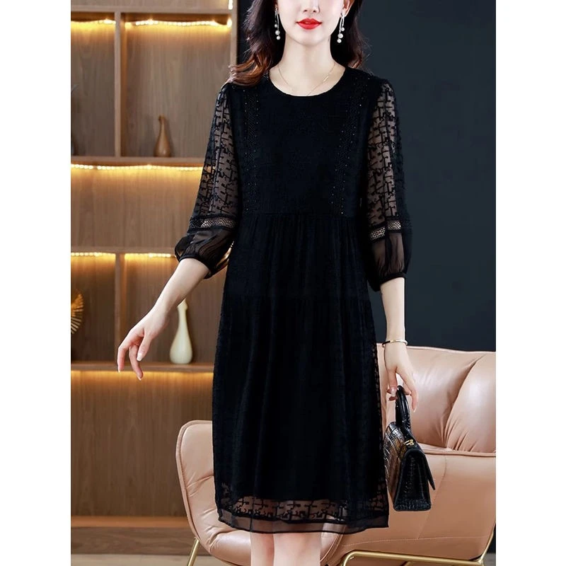 品牌真丝桑蚕丝连衣裙女大码中年春装高级洋气妈妈气质黑色裙子