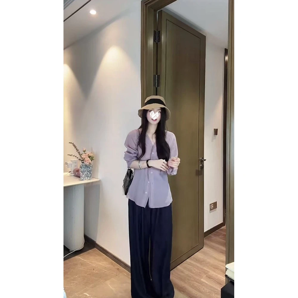 韩系简约夏季新品双层花边v领微透宽松衬衫长裤两件套