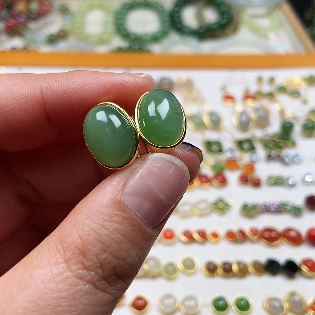 和田玉耳饰银S925镶嵌