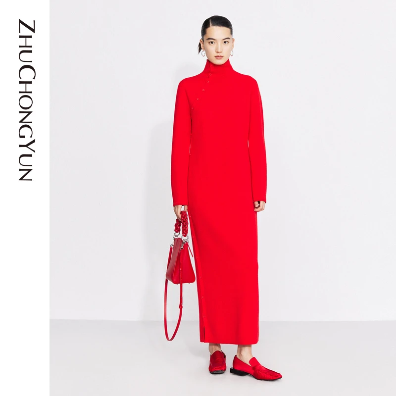 ZHUCHONGYUN冬季高领斜襟针织羊毛连衣裙C1CX4841M