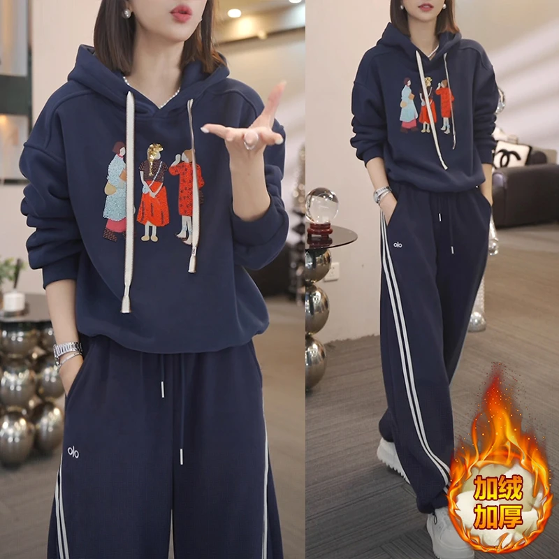 美式复古运动时尚套装女2025冬新款连帽卫衣休闲宽松阔腿裤两件套