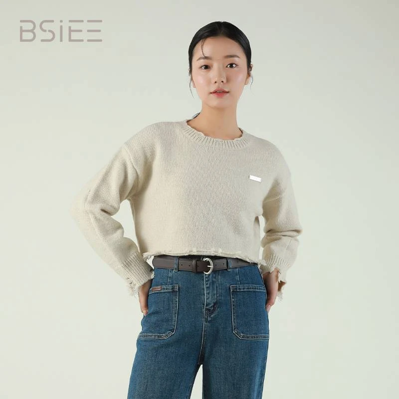 破边圆领毛衣长袖毛针织衫