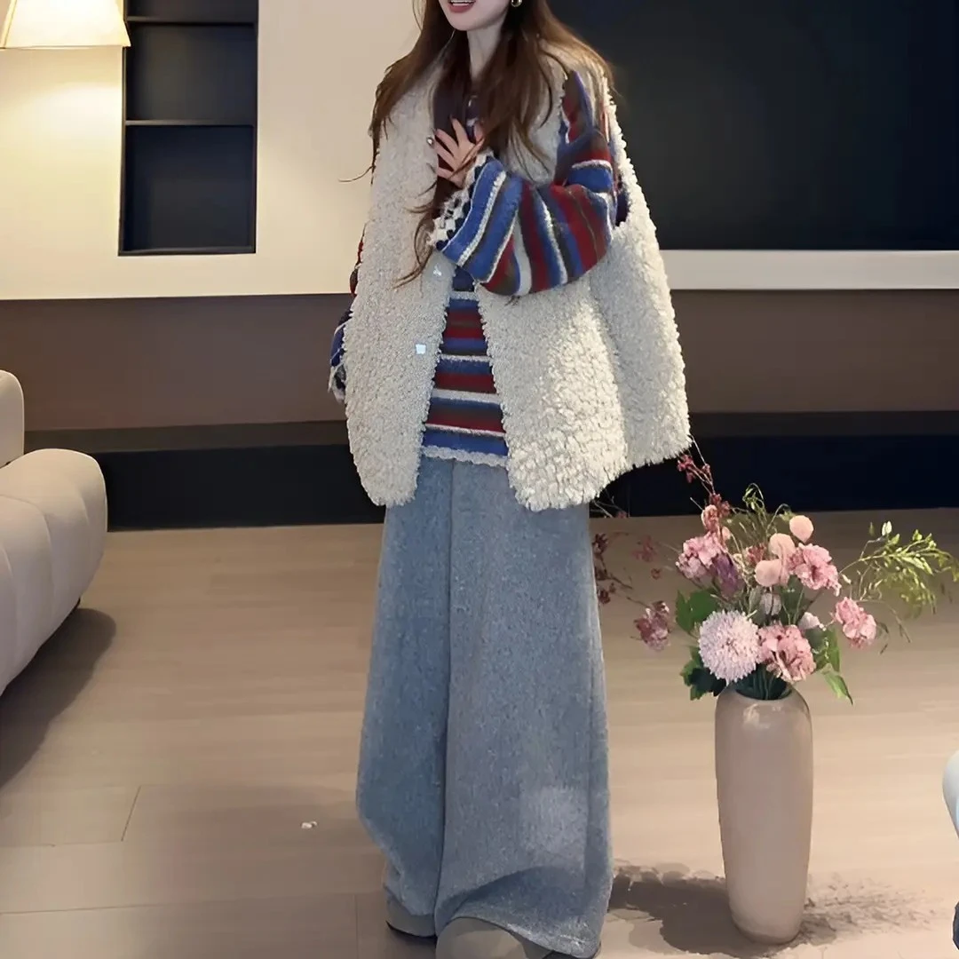 秋冬时尚穿搭女装2025新款韩系条纹针织上衣马甲外套休闲裤三件套