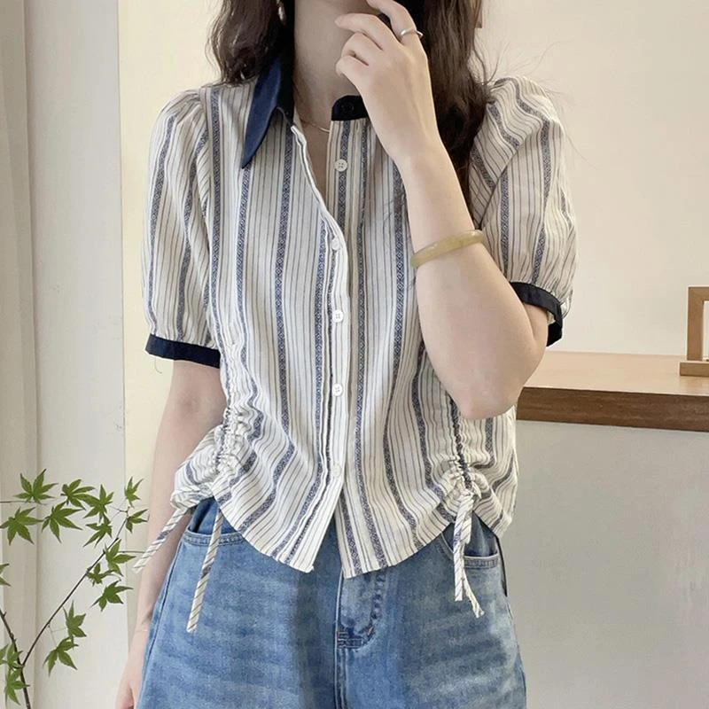 polo领条纹短袖t恤女夏季2025新款抽绳收腰显瘦气质上衣漂亮小衫