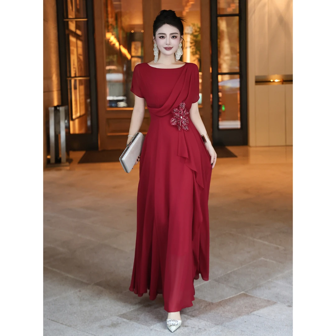 2025春秋新款时尚显瘦腰间钉珠淑女风裙子气质减龄高贵婚宴连衣裙