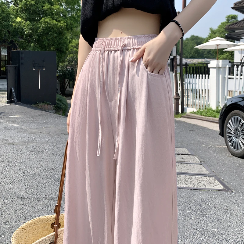 夏季粉色窄版夏薄款宽松休闲裤外穿垂感高腰长裤小个子阔腿裤女