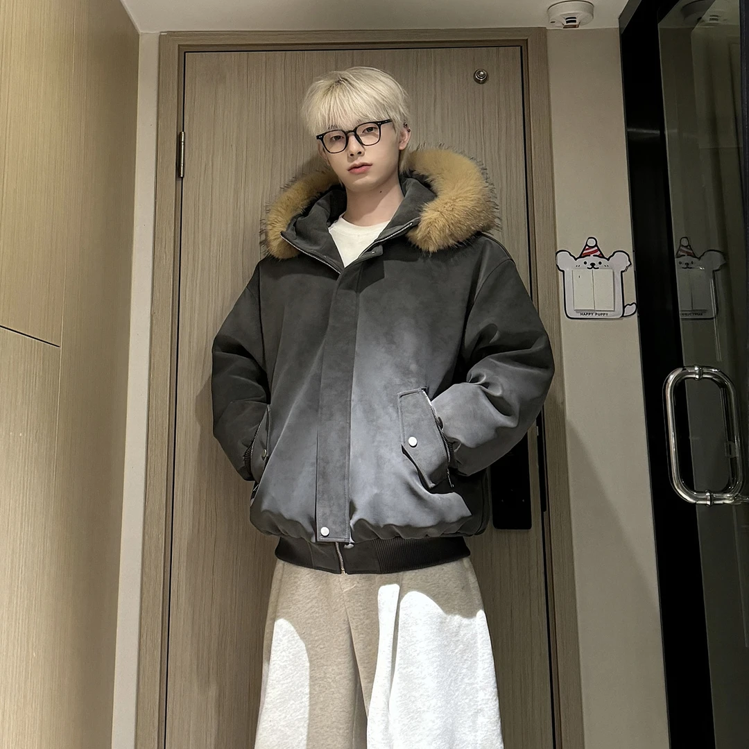 MANRE SHOW【加厚加宽毛领】可拆卸连帽PU皮棉服男女款保暖潮流棉衣