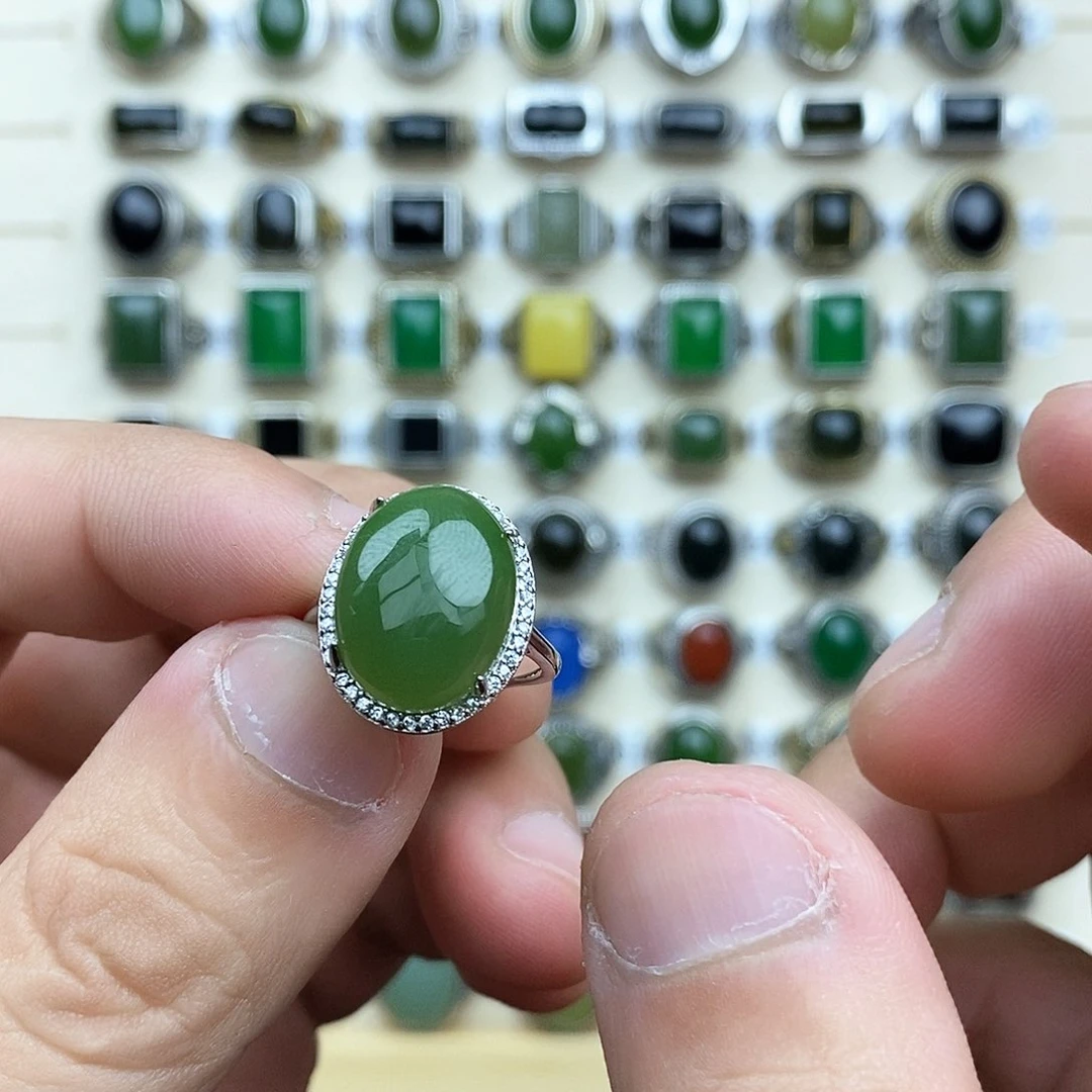 和田玉戒指银S925镶嵌兰****长