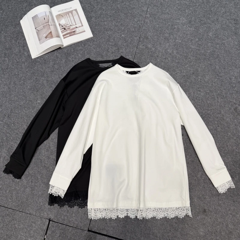 （QINGQING） 秋冬新品长袖蕾丝边设计师款气质百搭长袖打底针织衫