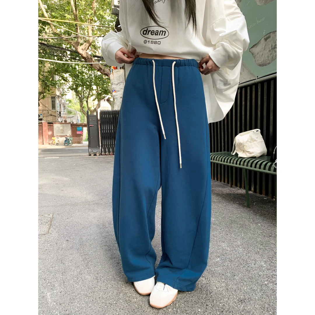 HVIVI复古法式蓝宽松直筒休闲卫裤