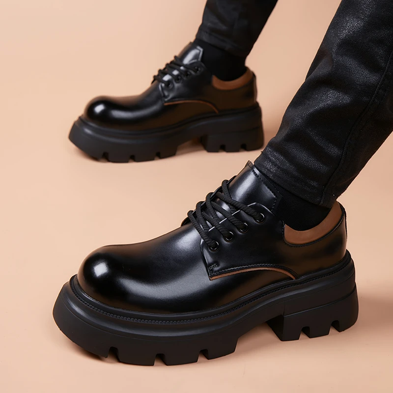厚底德比鞋男士休闲2025秋季新款增高潮鞋年轻款百搭鞋子真皮皮鞋