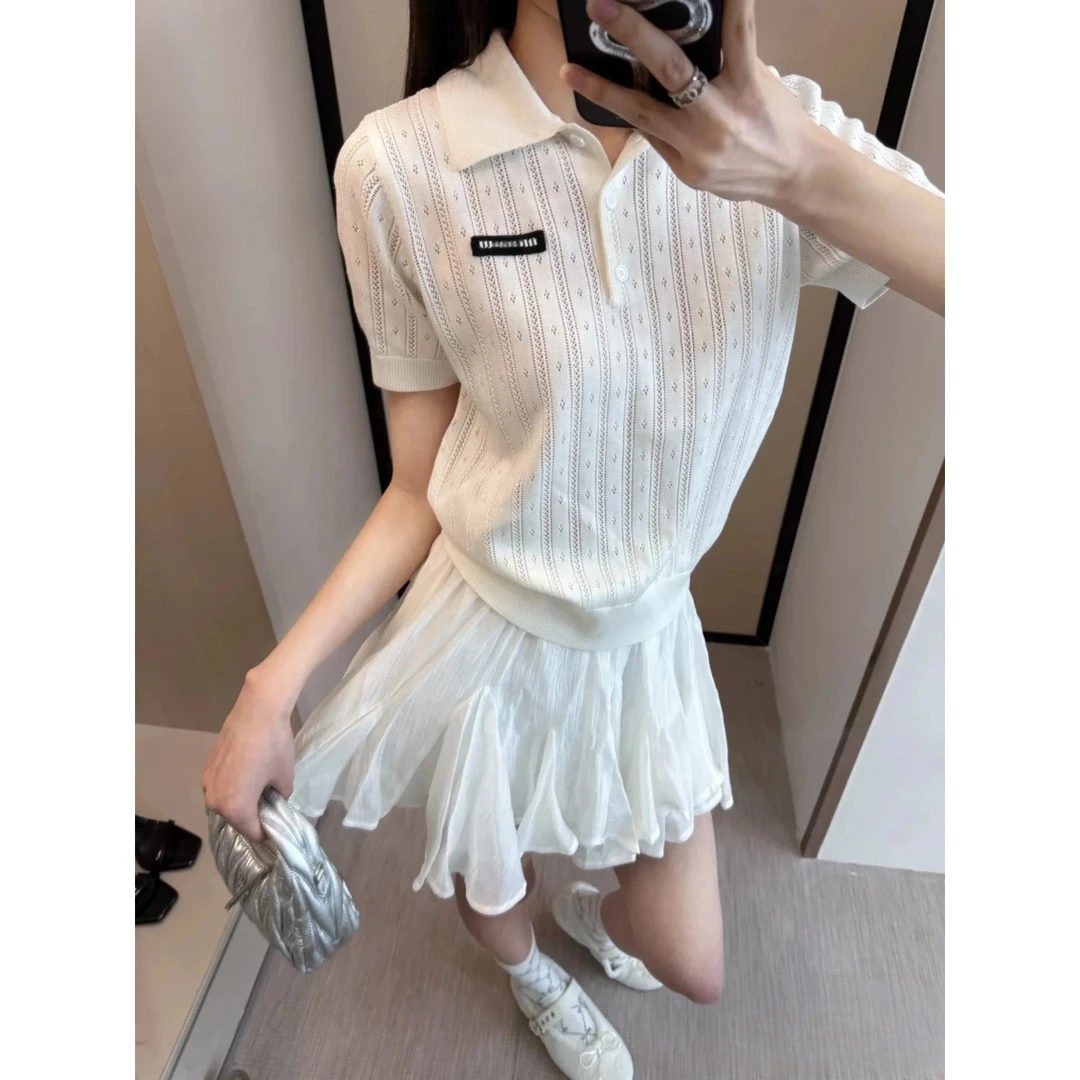 m631大码2025韩版休闲风镂空POLO领字母小标高级感套头针织短袖