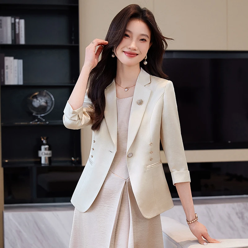 杏色夏季薄款西装外套女2025新款七分袖高级感气质通勤休闲小西服