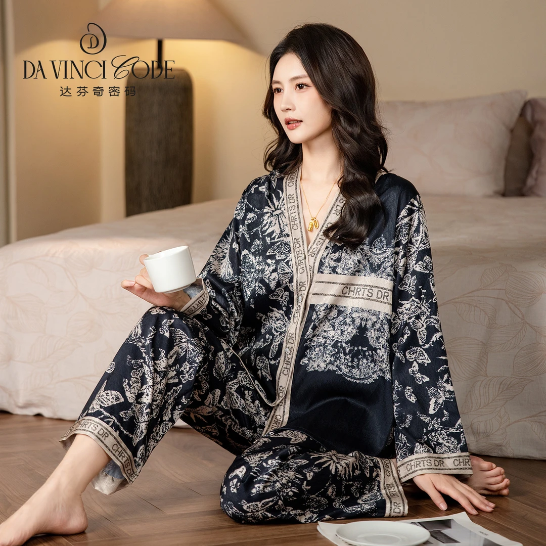 DAVINCIART达芬奇密码新款三件套黑金蝴蝶睡衣女套装大码家居服