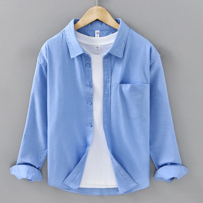 春夏季薄款亚麻料长袖衬衫男装复古棉麻布上衣服休闲透气衬衣外套