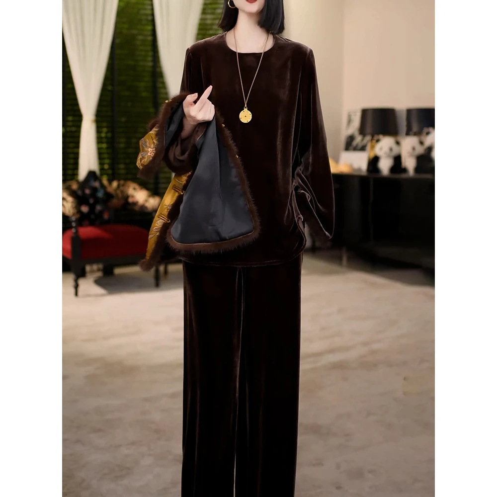 轻奢高级感贵夫人丝绒裤套装2025秋季新款端庄优雅圆领上衣+裤子