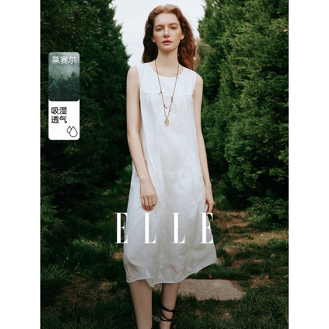 ELLE白色提花无袖连衣裙女2025夏季新款优雅通勤风EL52059